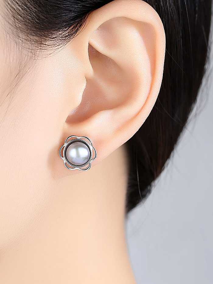 925 Sterling Silver Freshwater Pearl Gray Flower Minimalist Stud Earring