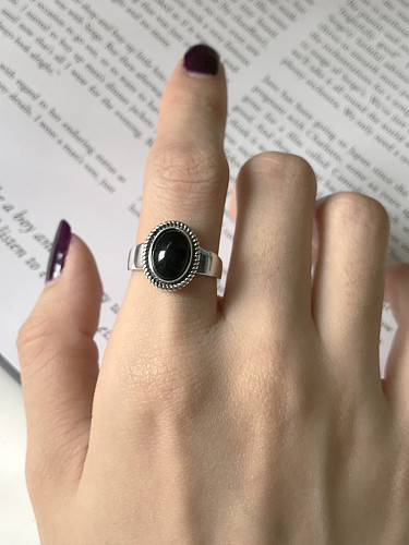 Sterling Silver black agate retro style free size ring