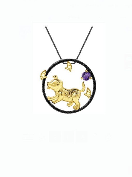 925 Sterling Silber Naturstein Zodiac Artisan Dog Anhänger Halskette