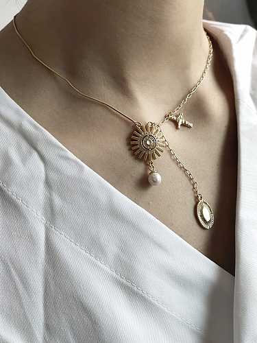 925 Sterling Silver Imitation Pearl Sun Goddess Asymmetric Necklace
