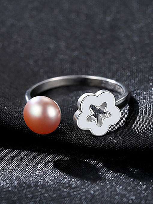 Anéis de prata esterlina 925 com pérola artificial flor simplista tamanho livre