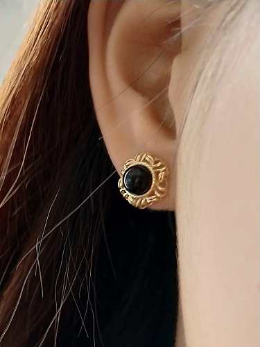 925 Sterling Silver Carnelian Black Round Vintage Stud Earring