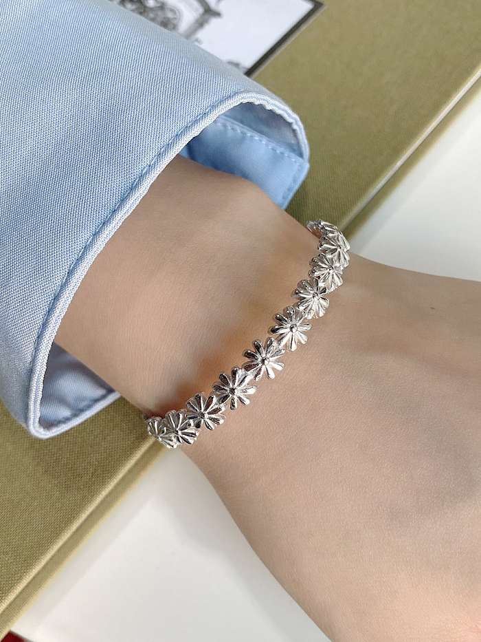 925 Sterling Silver Smooth Flower Vintage Cuff Bangle