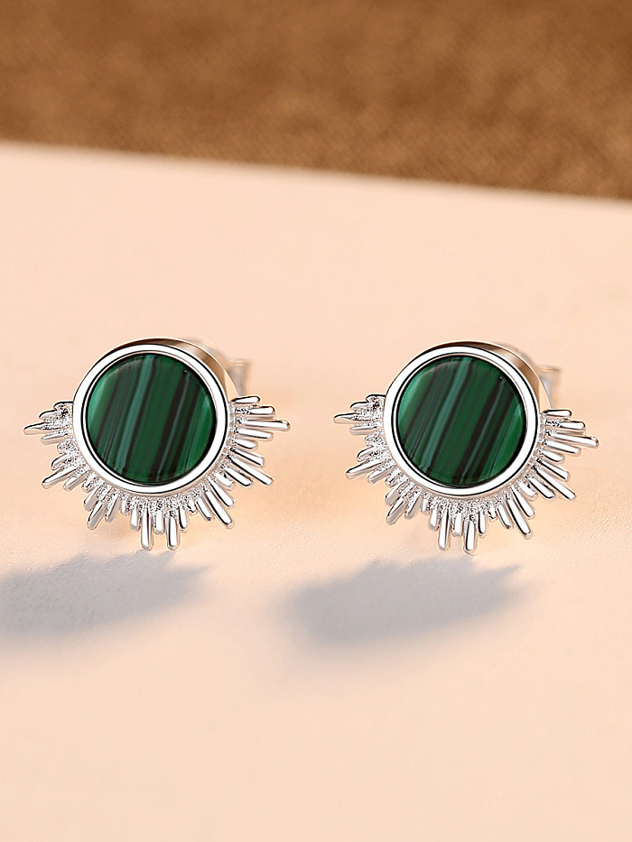 925 Sterling Silver With Platinum Plated Simplistic Malachite Round Stud Earrings