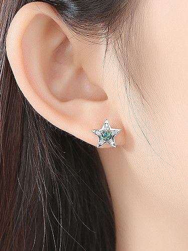 925 Sterling Silver With Opal Cute Star Moon Asymmetry Stud Earrings