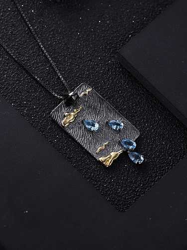 925 Sterling Silver Swiss Blue Topaz Vintage Geometric Pendant Necklace