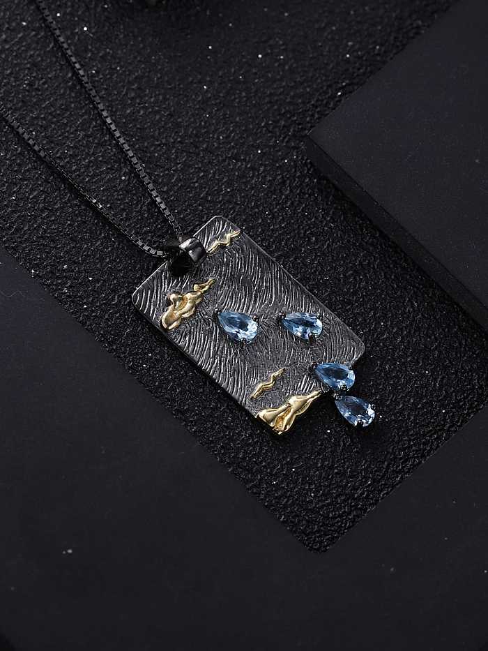 Collier pendentif géométrique vintage en argent sterling 925 avec topaze bleue suisse