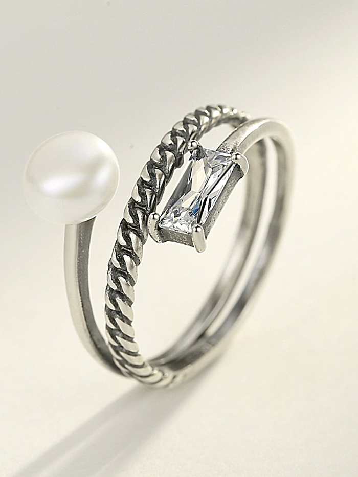 925 Sterling Silver Freshwater Pearl White Geometric Vintage Stackable Ring