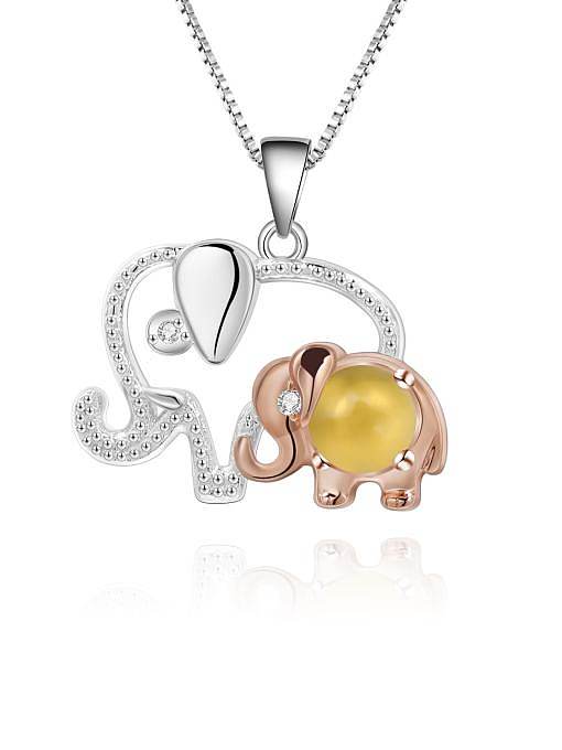 925 Sterling Silver Natural Stone Cute Elephant Pendant Necklace