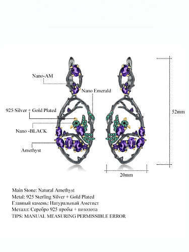 925 Sterling Silver Amethyst Geometric Vintage Drop Earring