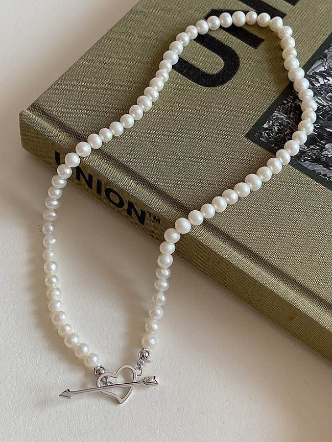 Collier Vintage Coeur Perle Imitation Argent 925