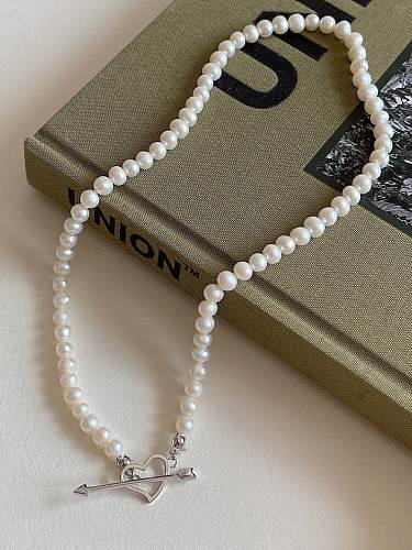 925 Sterling Silver Imitation Pearl Heart Vintage Necklace