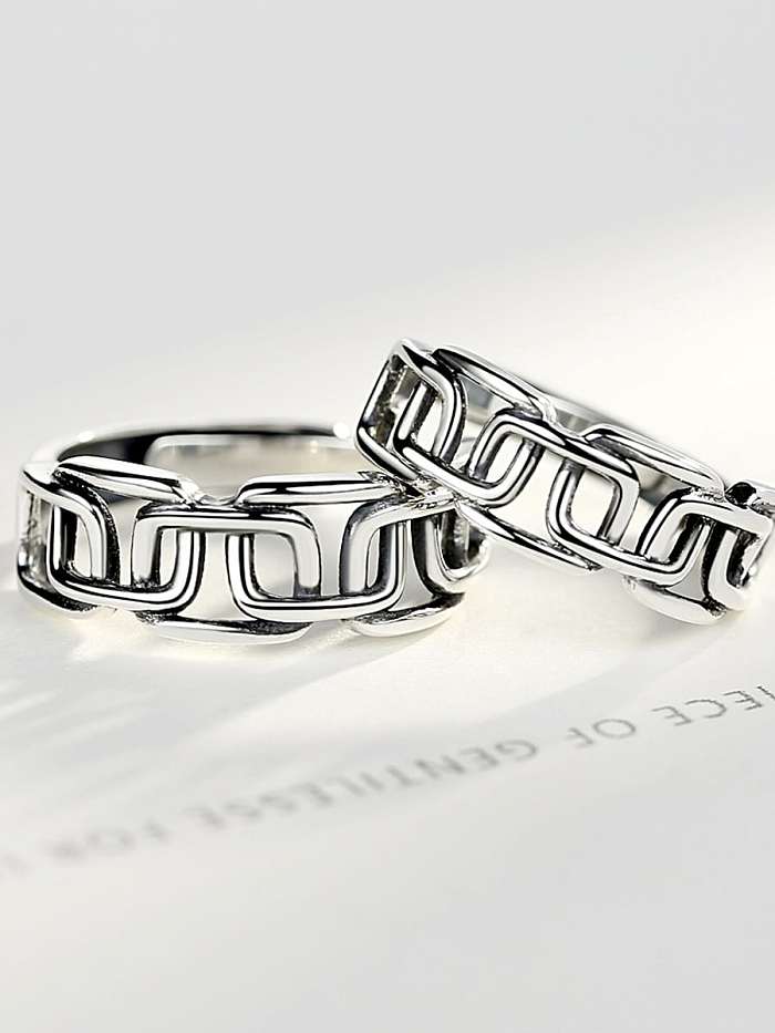 925 Sterling Silver Vintage cut out geometric chain free size ring