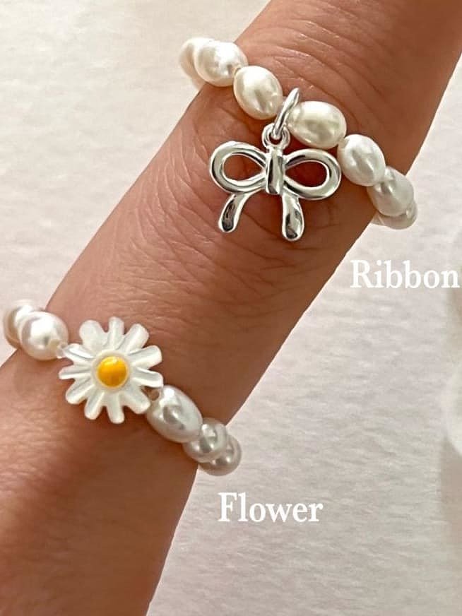 925 Sterling Silver Freshwater Pearl Flower Cute Band Ring