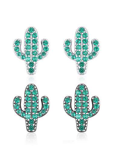 925 Sterling Silver Rhinestone Cactus Cute Stud Earring