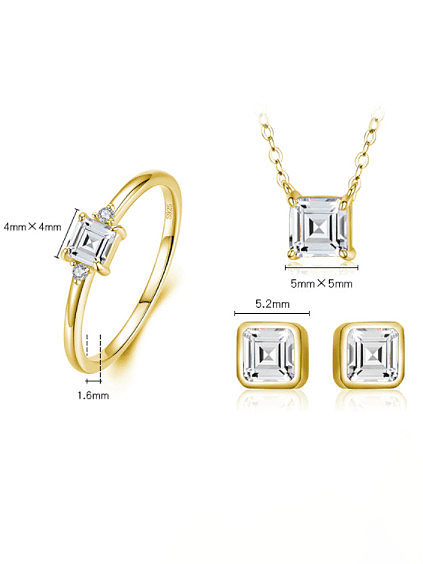 925 Sterling Silver Cubic Zirconia Minimalist Square Earring Ring and Necklace Set