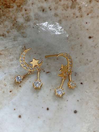 Boucles d'oreilles pendantes vintage en argent sterling 925 avec zircon cubique et étoile de lune