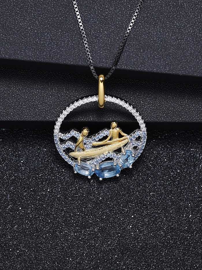 925 Sterling Silver Swiss Blue Topaz Geometric Luxury Abstract Pattern Necklace
