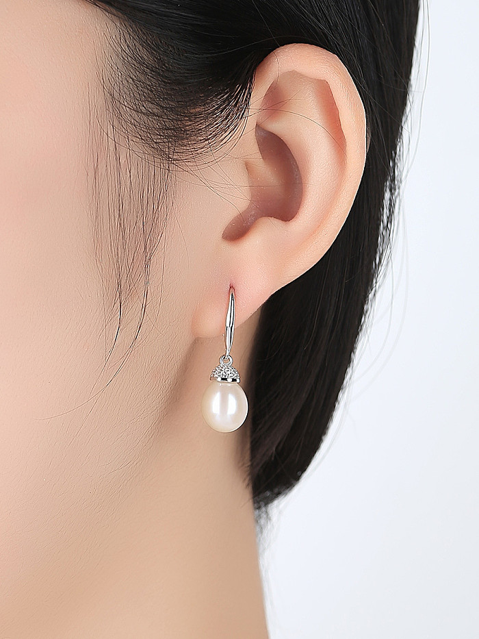 925 Sterling Silver With Platinum Plated Simplistic Water Drop Hook Earrings