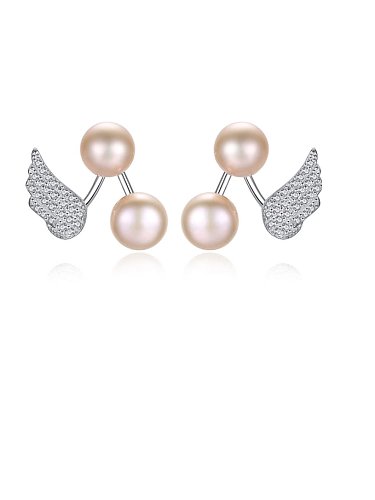 Pendientes colgantes de perlas de agua dulce con alas de ángel de plata de ley 925