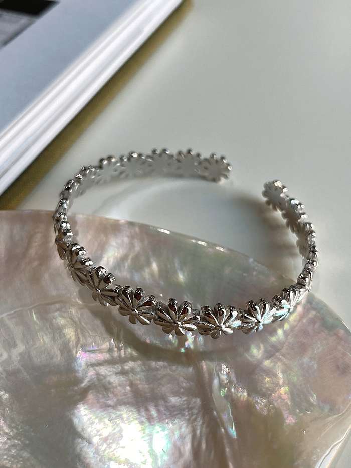 Bracelet manchette vintage fleur lisse en argent sterling 925