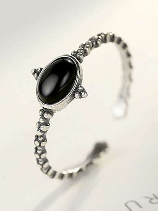 925 Sterling Silber Oval Vintage Obsidian Intarsien Verputzprozess Band Ring