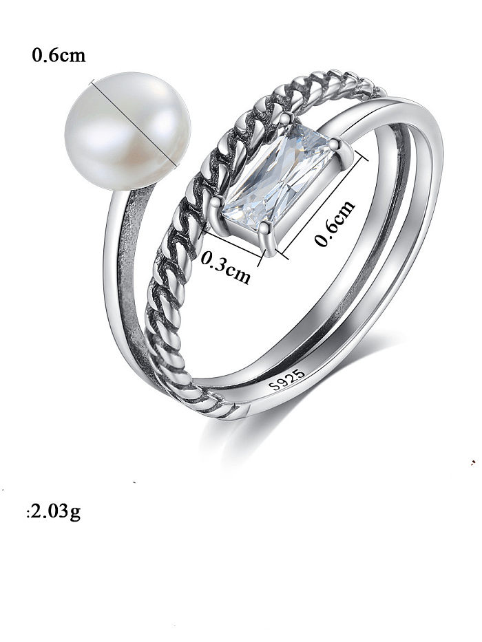 Stapelbarer Ring aus 925er Sterlingsilber, Süßwasserperle, weiß, geometrischer Vintage-Stil