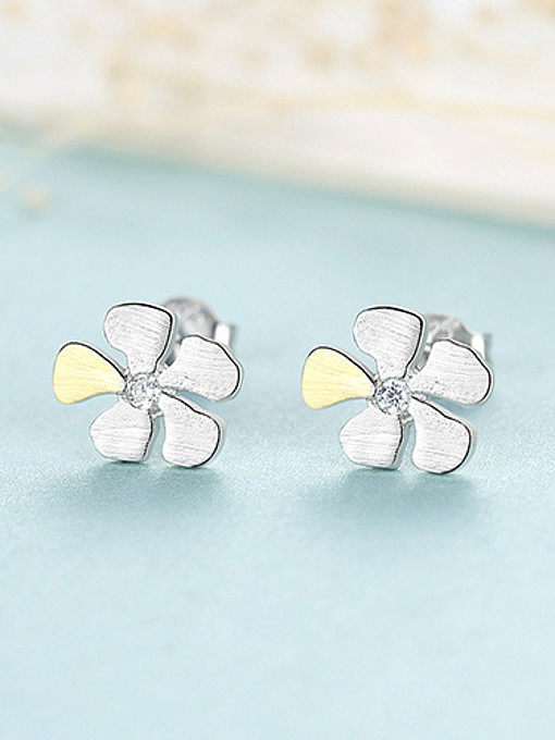 925 Sterling Silver With Cubic Zirconia Cute Two-Color Flower Stud Earrings