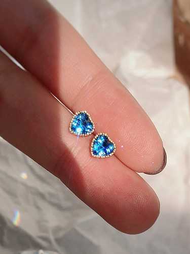 Boucles d'oreilles en argent sterling 925 avec saphir bleu et coeur délicat
