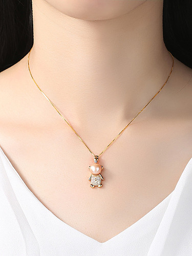 Sterling silver micro-inlaid zircon bear freshwater pearl necklace