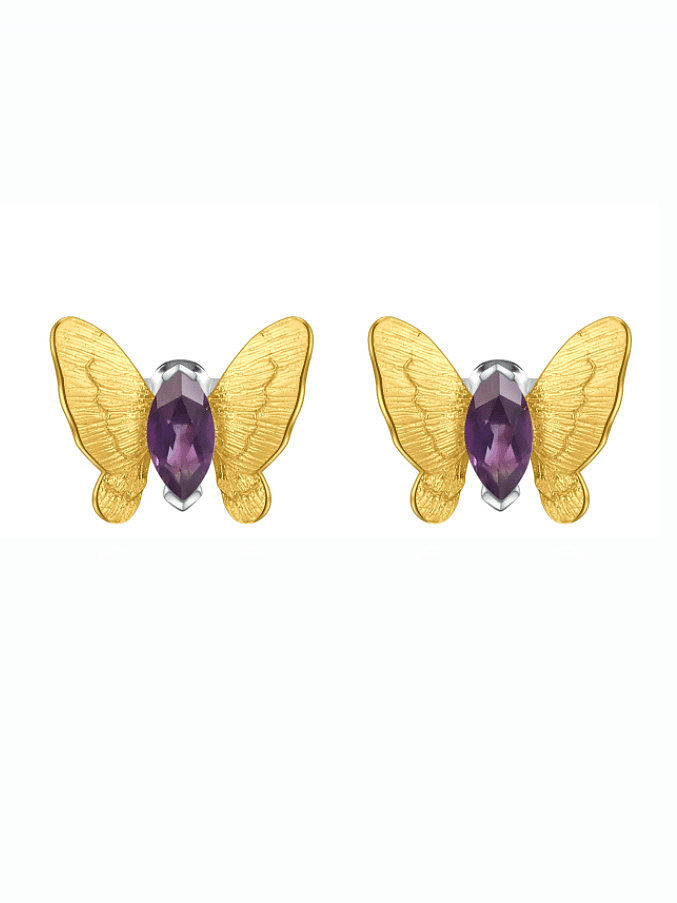 925 Sterling Silver Amethyst Butterfly Artisan Stud Earring