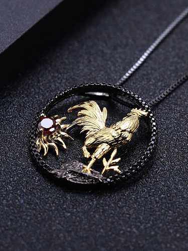 925 Sterling Silver Natural Stone Vintage Zodiac Chicken Pendant Necklace