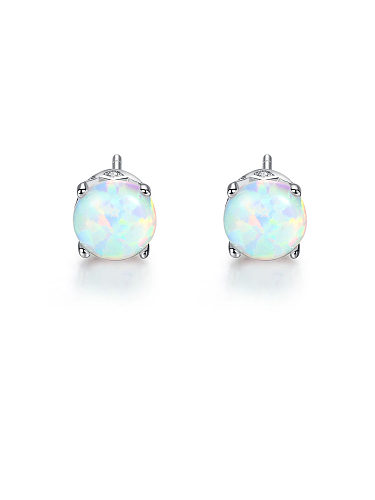 925 Sterling Silver With Opal Cute Round Stud Earrings
