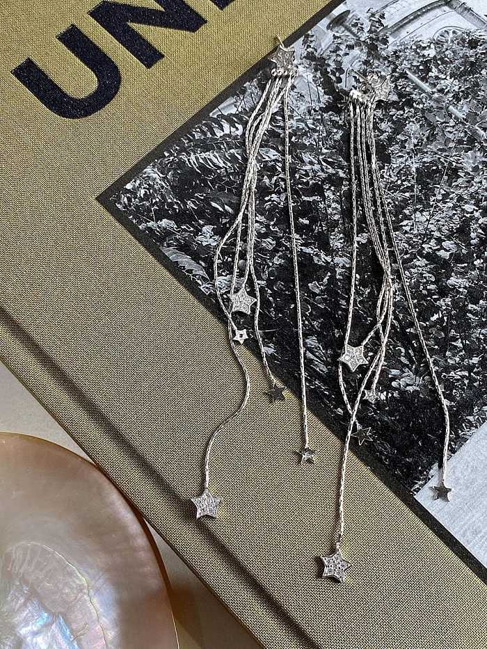 925 Sterling Silver Rhinestone Pentagram Tassel Vintage Threader Earring