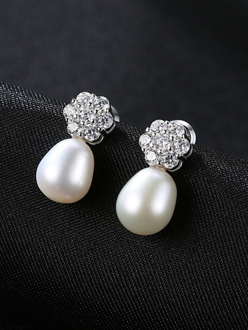 Sterling Silver micro-plated zircon Natural Pearl Flower Earrings