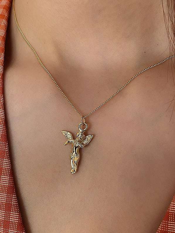Collar de mini ángel vintage religioso de plata de ley 925