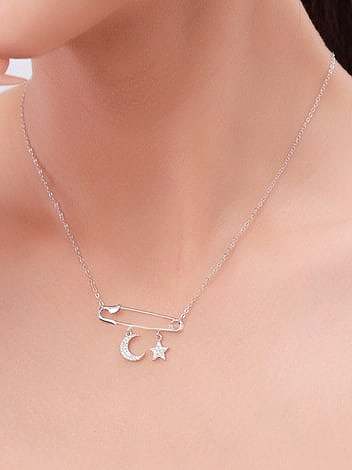 925 Sterling Silver Cubic Zirconia Star Minimalist Pin Pendant Necklace