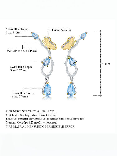 Boucles d'oreilles artisanales en argent sterling 925 avec topaze bleue et papillon
