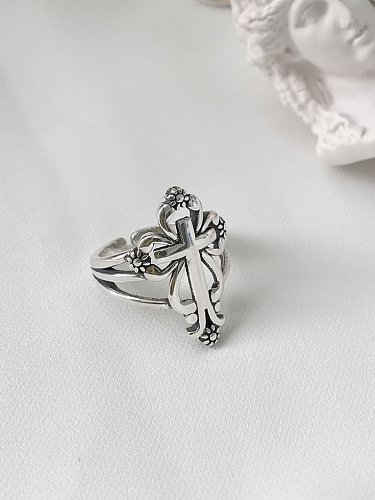 925 Sterling Silver Hollow Cross Vintage Free Size Midi Ring