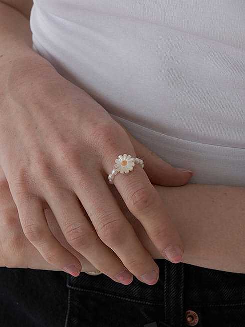 925 Sterling Silver Freshwater Pearl Flower Minimalist Band Ring