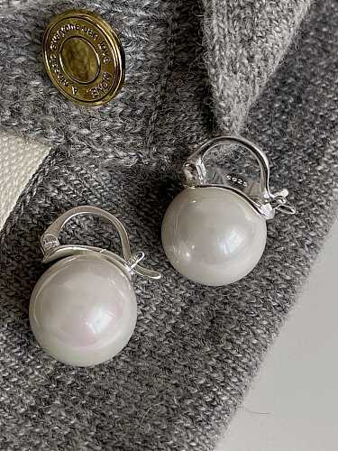 925 Sterling Silver Imitation Pearl Round Ball Minimalist Huggie Earring