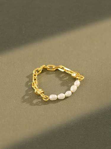 925 Sterling Silver Freshwater Pearl Geometric chain Minimalist Ring