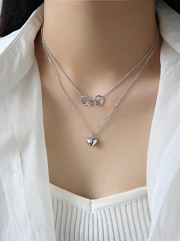 925er Sterlingsilber mit glänzenden, vereinfachten, geometrischen Ring-Liebes-Doppelschicht-Halsketten