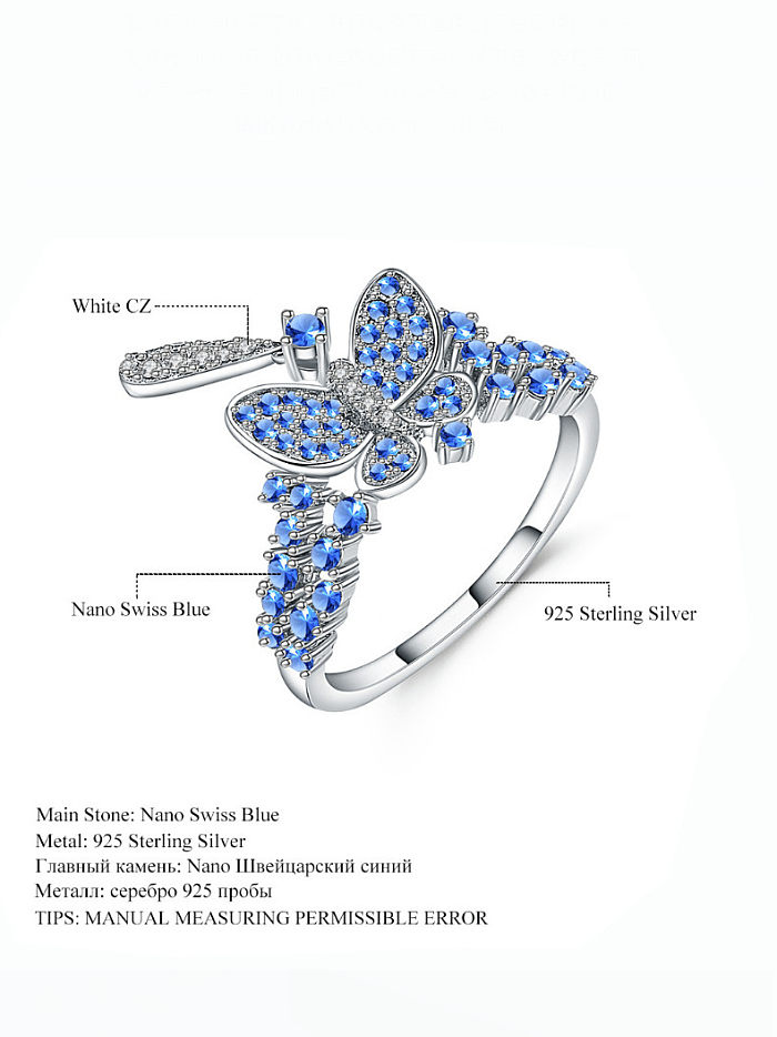Anel de banda artesanal de prata esterlina sintética nano azul suíço 925 borboleta