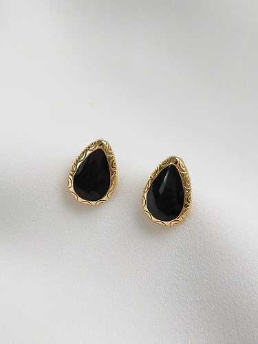 Boucles d'Oreilles Vintage Goutte d'Eau Noire Résine Argent 925