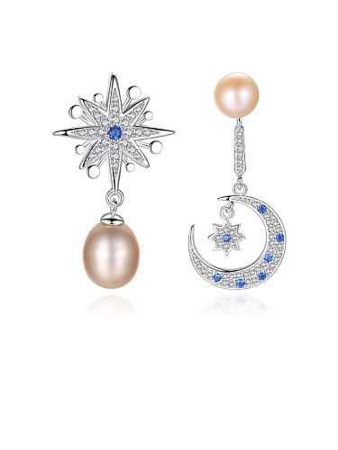 925 Sterling Silber Mode asymmetrischer Schneeflocke-Mond-Süßwasser-Perlen-Tropfen-Ohrring