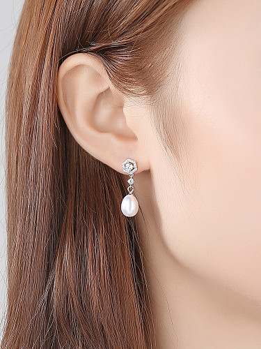 925 Sterling Silver With Silver Plated Fashion Flower Drop Earrings