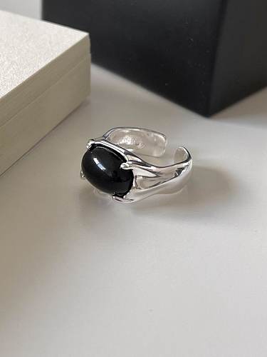 925 Sterling Silber Obsidian Blume Vintage Band Ring