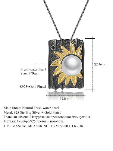 925 Sterling Silver Imitation Pearl Sunflower Vintage Geometric Pendant Necklace