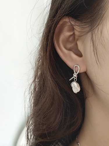 Boucles d'oreilles nouées vintage irrégulières en argent sterling 925 avec perle d'imitation blanche